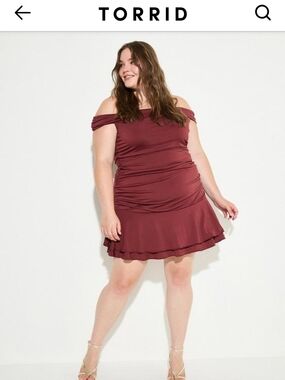 Lovesick Torrid Off the Shoulder Ruched Skater Dress in Burgundy